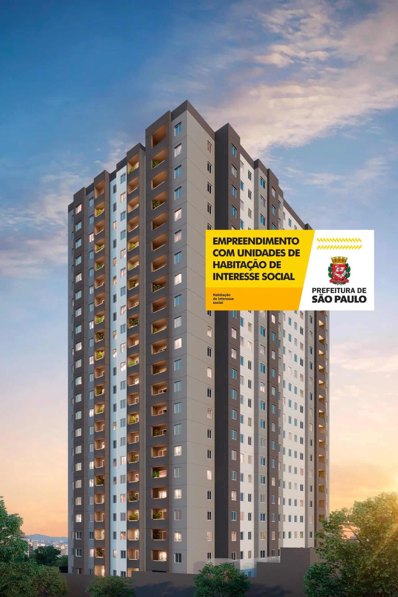 Torre residencial de múltiplos pavimentos com varandas e pintura em tons de cinza.