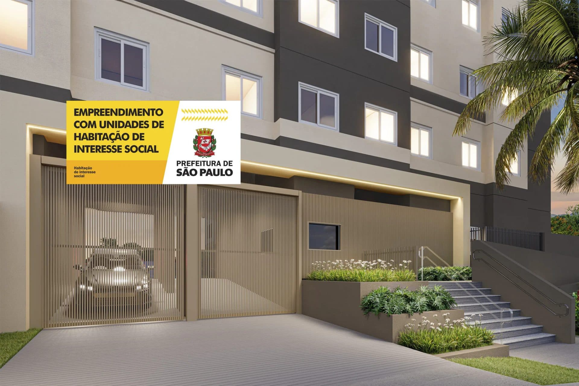 Fachada do edifício com portão de entrada em destaque e paisagismo com escadaria